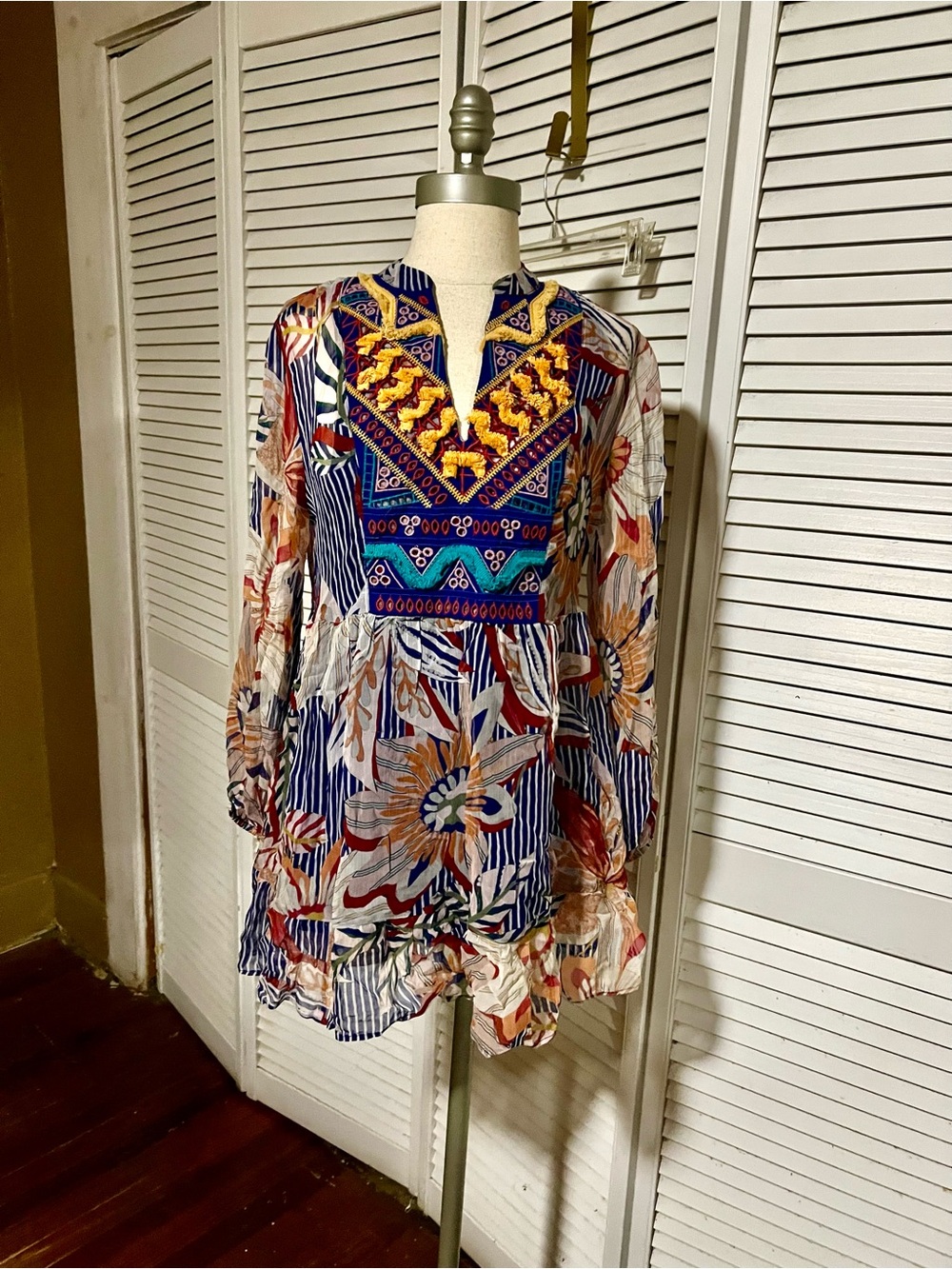 Soft Surroundings Embroidered Floral V-Neck Tunic in Navy, Yellow & Coral